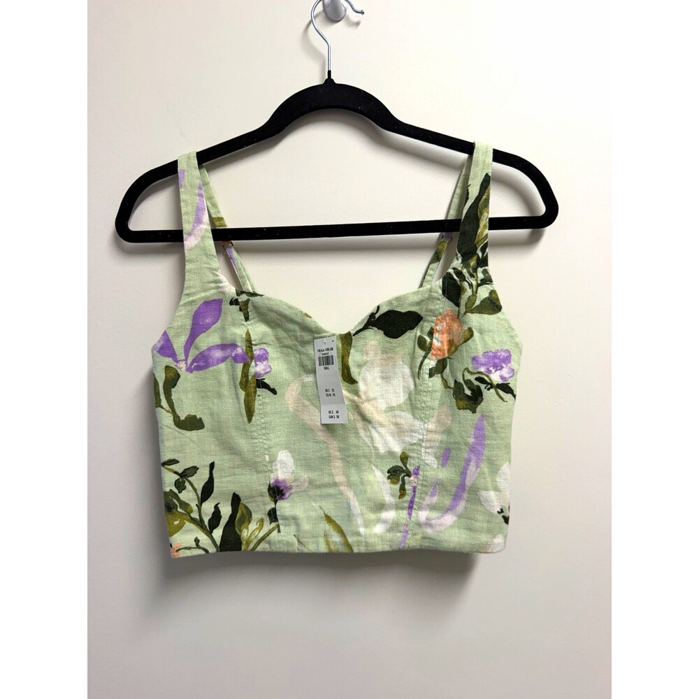 Women's Floral Linen Cotton Woven Cropped Tank Sweetheart Wide Strap Size S